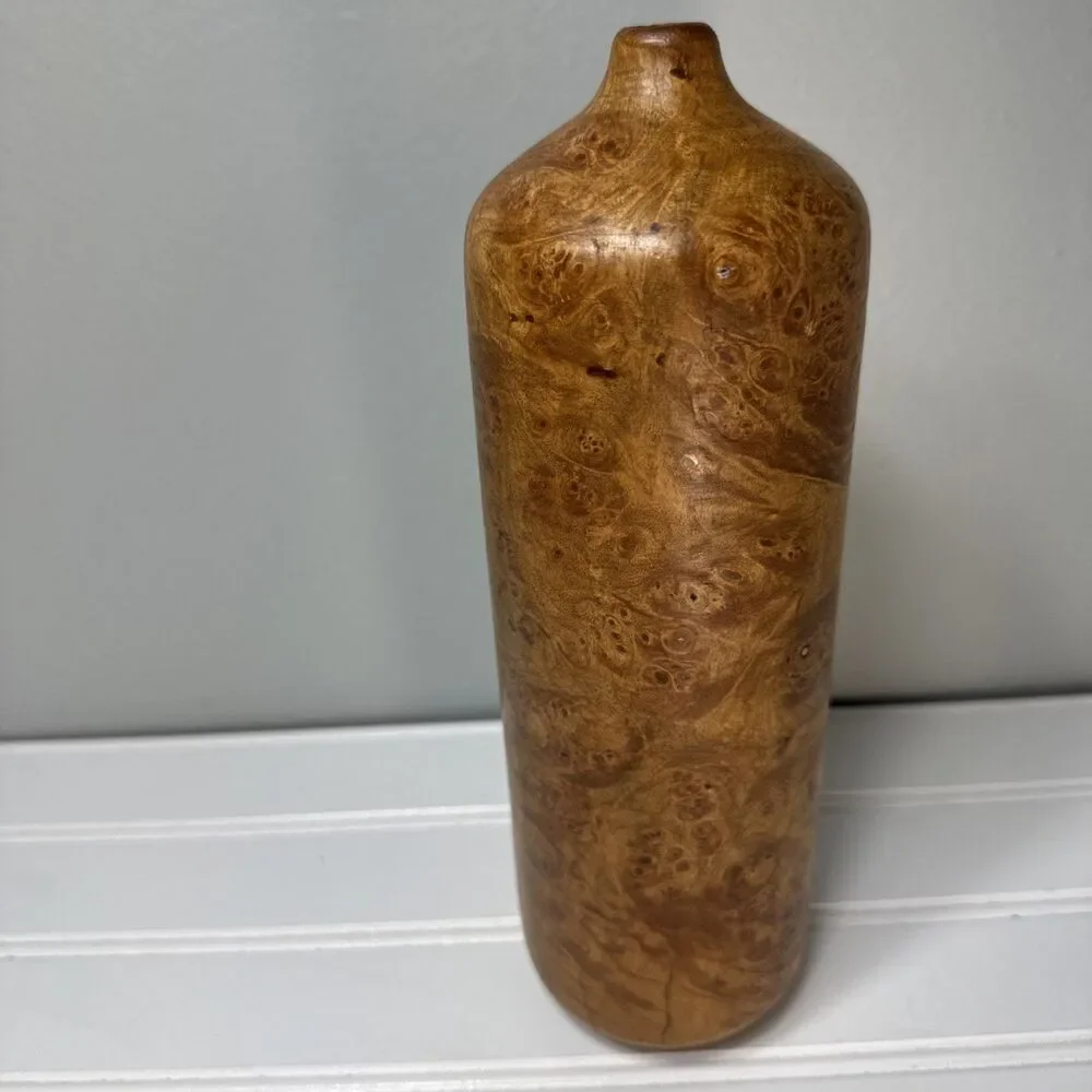 Vintage Hand Turned Maple Wood Weed Pot Bud Vase 10.25” Figured Burl Signed GRF